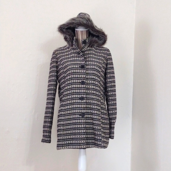 JACK by BB Dakota Wool Blend Tweed Button Front Coat w/ Faux Fur Hood Size M - Picture 3 of 16